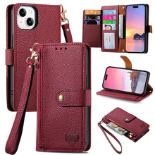 Load image into Gallery viewer, Litchi Pattern Heart RFID Lanyard Flip Phone Case for iPhone