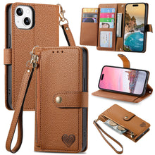 Load image into Gallery viewer, Litchi Pattern Heart RFID Lanyard Flip Phone Case for iPhone
