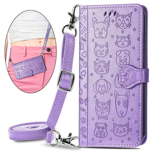 Cat Dog Cute Lanyard Wallet Leather Case For SAMSUNG Galaxy S22 5G