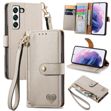 Load image into Gallery viewer, Litchi Pattern Heart RFID Lanyard Flip Phone Case for Samsung Galaxy S22 5G