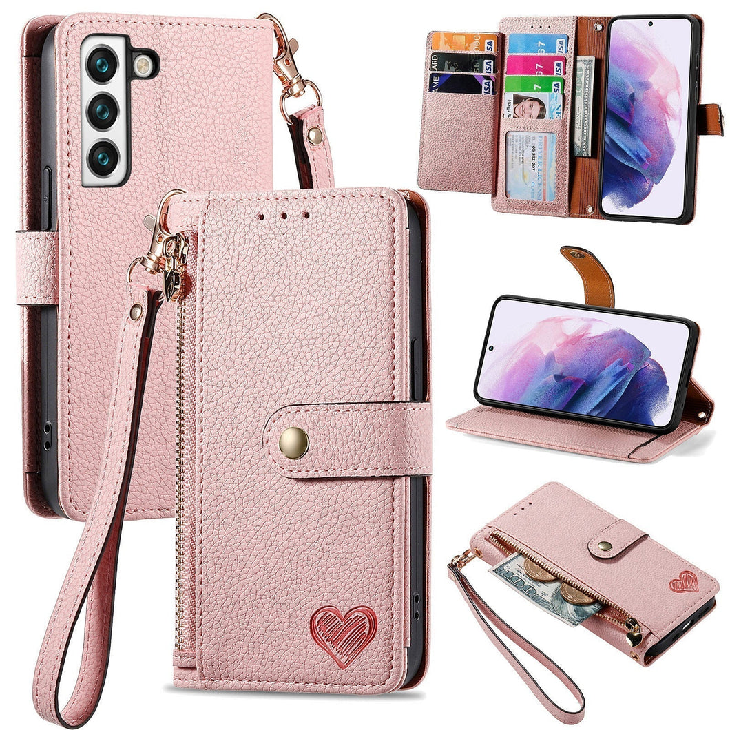Litchi Pattern Heart RFID Lanyard Flip Phone Case for Samsung Galaxy S22 5G
