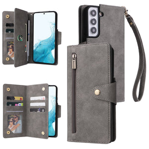 Rivet Buckle Zipper Wrist Strap Wallet Leather Case For Samsung Galaxy S22 5G