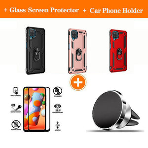 Samsung A12 Luxury Armor Ring Bracket Phone Case With 1-Pack Tempered Glass Screen Protector