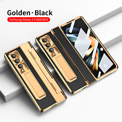 【Samsung Z Fold4 5G 】Golden Shield Plain Leather All-inclusive Folding Phone Case